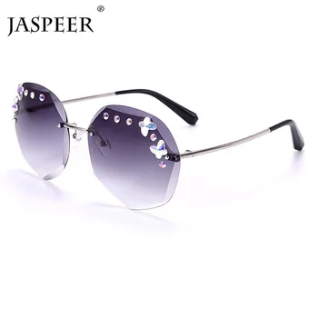

JASPEER Rhinestone Rimless Sunglasses Women Butterfly Diamond Sun Glass Luxury Gradient Retro Gradient Lens Shade Lady Eyewear