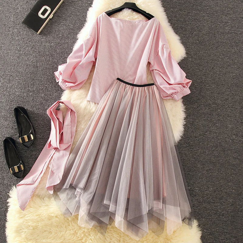 

Oshangchaopin Women Mesh Skirt Clothes Suit Long Sleeve Striped Bandage Shirts+Elastic Waist Fashion Tulle Skirt Set Female Suit