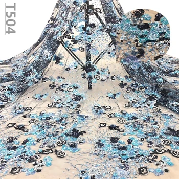 

2019 Nigeria Latest Design Hand-Made Lace Fabric 5 Yards/pcs High Quality African Lace With Color Sequins For Party Dress