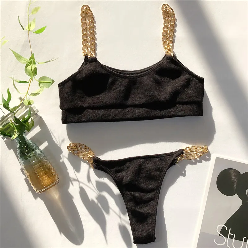 Peachtan Sexy bandeau bikini set 2021 Chain swimsuit female Black swimwear women Summer bathers bathing suit Mellatic biquini two piece bikini set