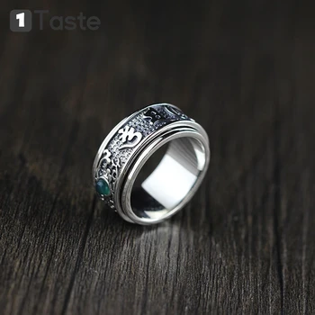

ONE TASTE 925 Sterling Thai Silver Men's Ring Buddhism Mantra Chalcedony Rotated Outside Circle Rings Fine Jewelry Trendy Gift