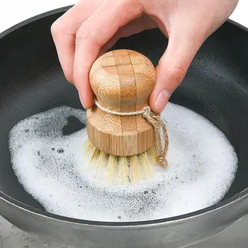 

Palm Brush Pot Bowl Scrubber Sisal Palm Bamboo Short Handle Round Mini Scrub Brush Kitchen Stovetop Sink Cleaning Tool