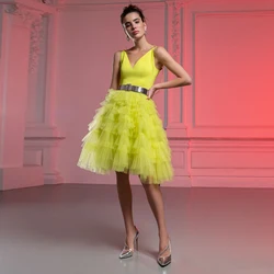 Short Tulle Prom Dresses For Woman Sleeveless Tiered Party Gown V Neck Knee Length A Line Yellow Vestido De Noche 2021