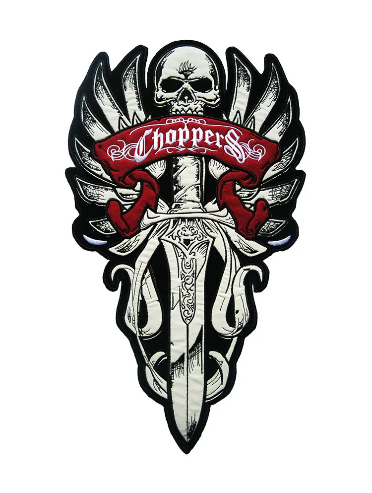 Super Large Night Reflective Motorcycle Skull Sword Patch Badge Embroidery Cloth Back Stickers Chopper Sew-On DIY For Denim Vest