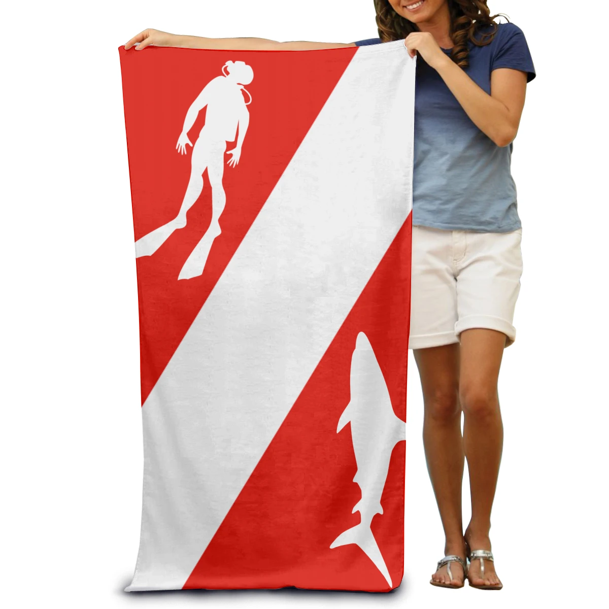 Vintage Scuba Diving Shark Diver Towel Surf Beach Wetsuit Bath Watersports Activities Adults Men