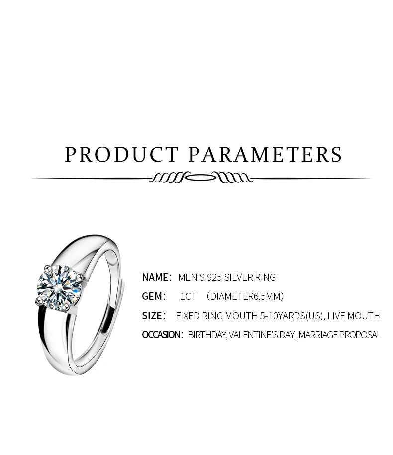 2021 Classic 1CT men's  925 sterling Silver Moissanite Ring Diamond Jewelry for Men,gifts for Men Uxury Jewelry