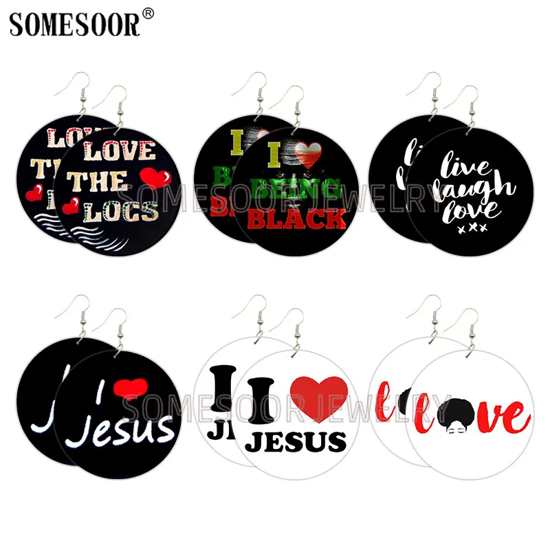 Деревянные серьги капли SOMESOOR Been Black Love Jesus Locs с принтом в виде забавных изречений круглые петли для женщин