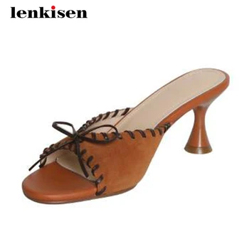 

Lenkisen new rome streetwear superstar sheep leather peep toe butterfly-knot high strange heels slip on women summer sandals L02