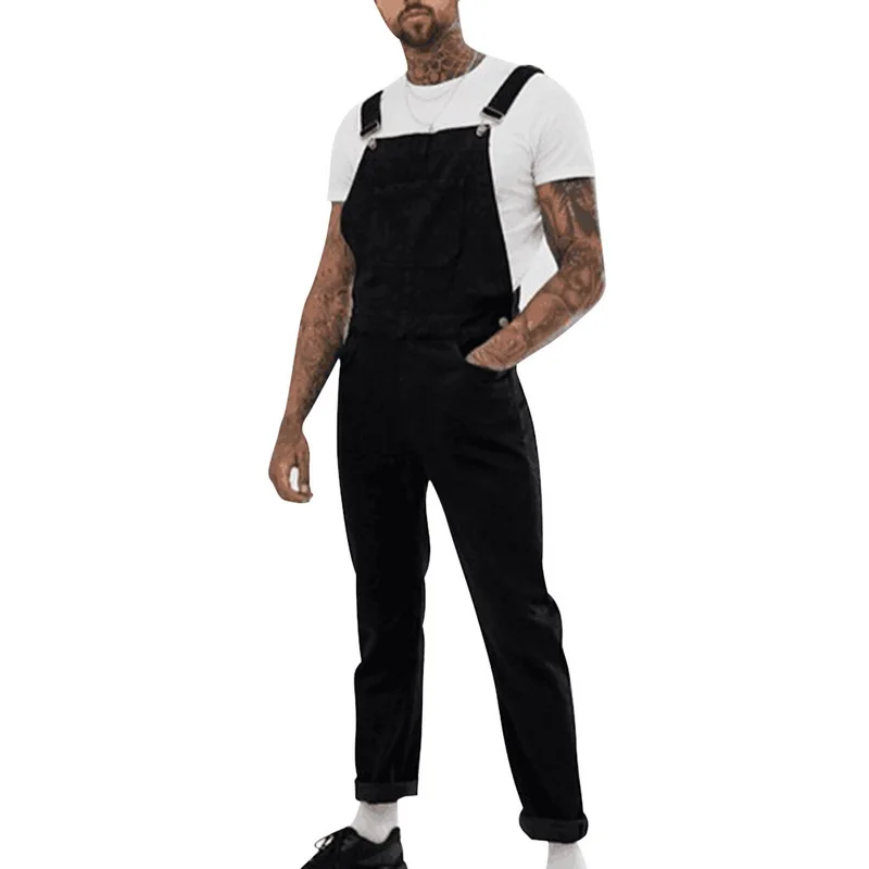 

CALOFE 2019 Trendy Mens Solid Color Overall Casual Jumpsuits Autumn Ripped Jeans Distressed Black Denim Bib Male Suspender Pants