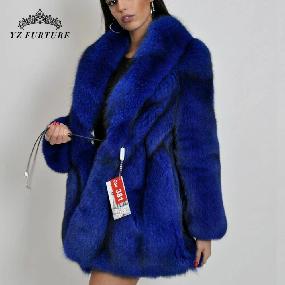 Пальто с натуральным лисьим мехом зимняя меховая куртка Верхняя одежда натуральный Лисий меховой воротник Свободная длинная синяя верхняя одежда вся кожа меховая куртка s