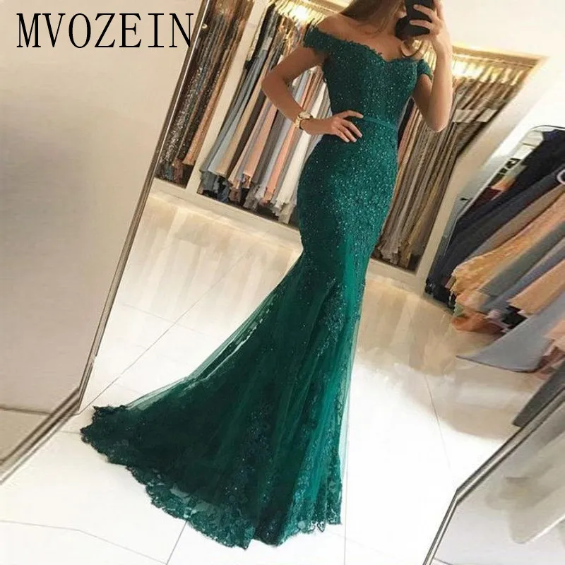 

Off the Shoulder Beaded Lace Prom Long Elegant Dresses vestido formatura Red Mermaid Prom Evening Dress
