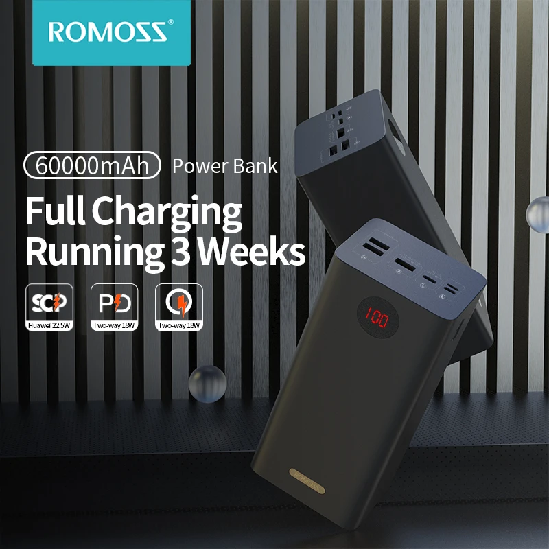 ROMOSS-Banco de energía PEA60, 60000 mAh, SCP, PD, QC 3,0, carga rápida, cargador de batería externo de 60000 mAh para Huawei y iPhone