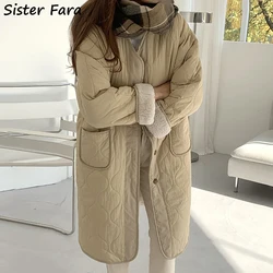 Sister Fara 2021 Winter Long Lambswool Double Sided Cotton Coat Women's Argyle Single Breasted Jacket Female Parkas Down Jackets
