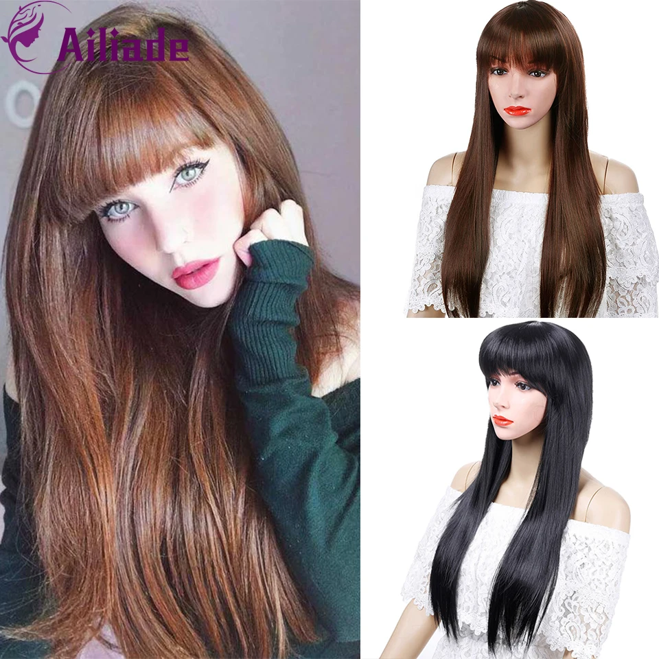 

AILIADE Synthetic Wigs Long Natural Straight With Bangs Black Brown Heat Resistant Fiber For Women Costume Cosplay Party