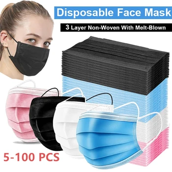 

5-500PCS Black Disposable Masks Anti Dust Non-woven Face Masks 3 layer Ply Filter Breathable Adult Mouth Mask