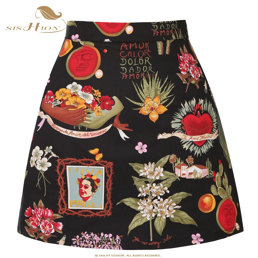 

SISHION Vintage Black Floral Print Short Sexy A Line Mini Skirt SS0008 2023 Women Cotton Summer Skirts