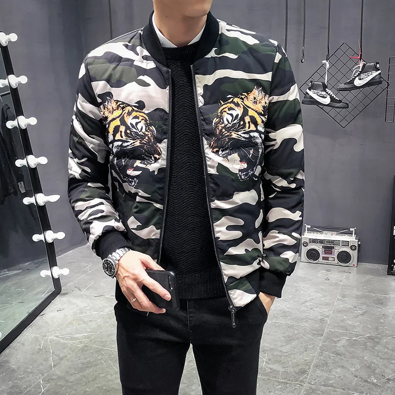 

Camouflage Jacket Men's Thick Warm Tiger Head Baseball Lead Down Jackets Winter Clothes Thickening Loose Coat