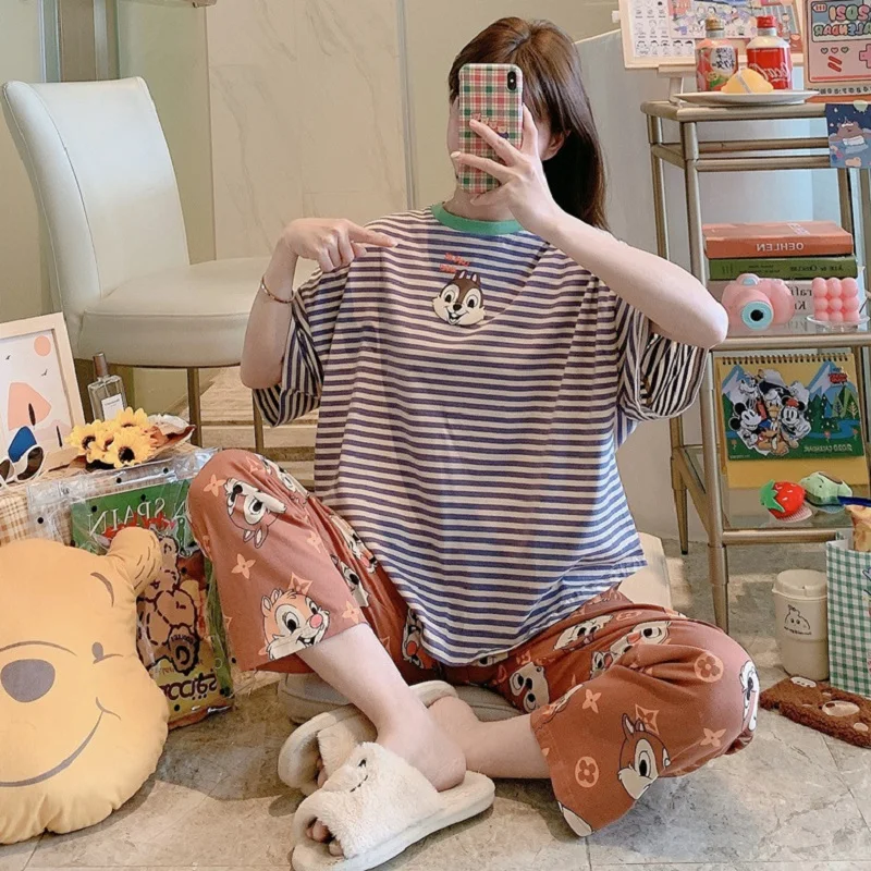 Mickey Minnie Pajamas Women's Summer Casual Short-Sleeved Cute Cartoon Pattern Trousers Thin Loose Home Clothes Outer Wear Suit 5