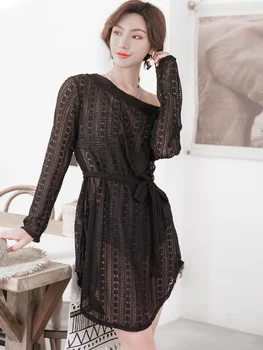 

High Qaulity Sexy Solid Black Mesh Brazilian Two Piece Dress Cover Thong Swim Skirt Wommen Cover Up Padded Swimwear