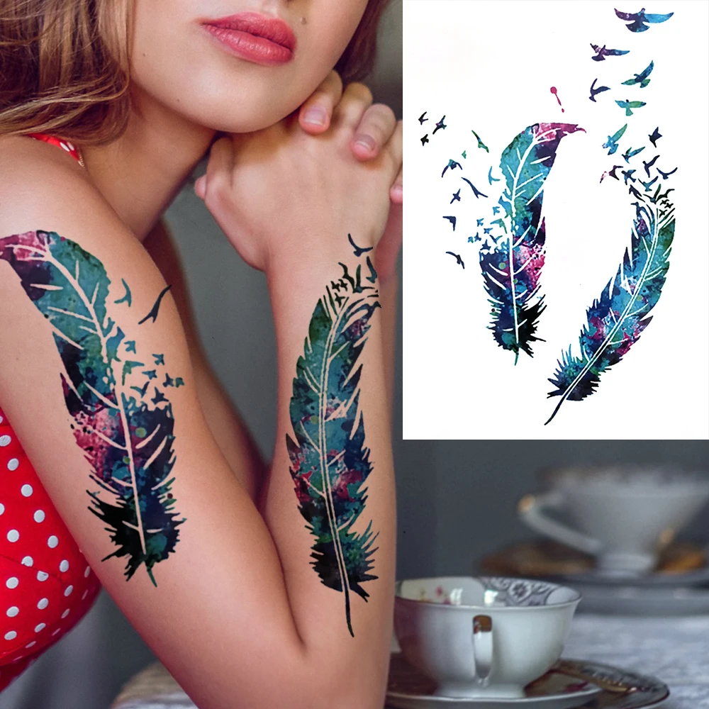 Tatouage Plume Oiseaux Qui S envolent Tatouages Temporaires en Plumes d'Aquarelle pour Homme et Femme Adulte,  Autocollant de Faux Théâtre, Fleur, Colibri, Attrape Rêves | AliExpress