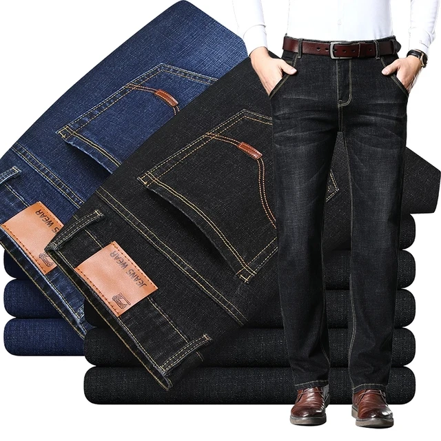 Men Jeans Regular Fit Elastic Midweight Jean  Business Casual Black Jeans  - Men's - Aliexpress