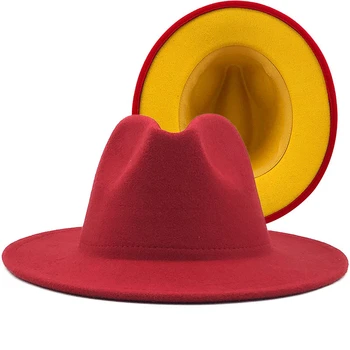 

winter Outer red Inner yellow Wool Felt Jazz Fedora Hats with Thin Belt Buckle Men Women Wide Brim Panama Trilby Cap X XL