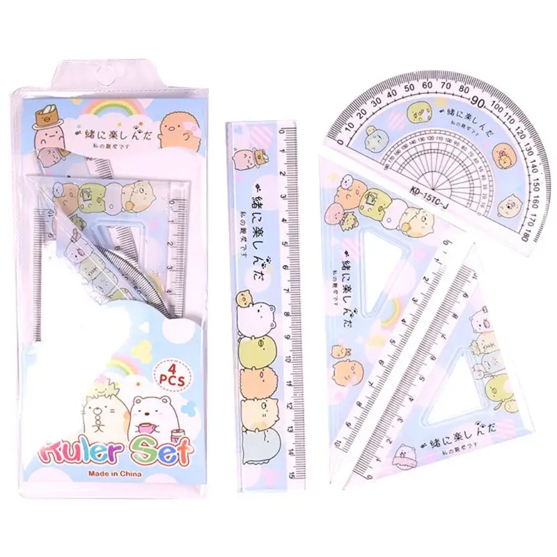 

2021 New 4pcs/set Kawaii Cartoon Straight Triangle Ruler Protractor Drafting Drawing School Office Supplies