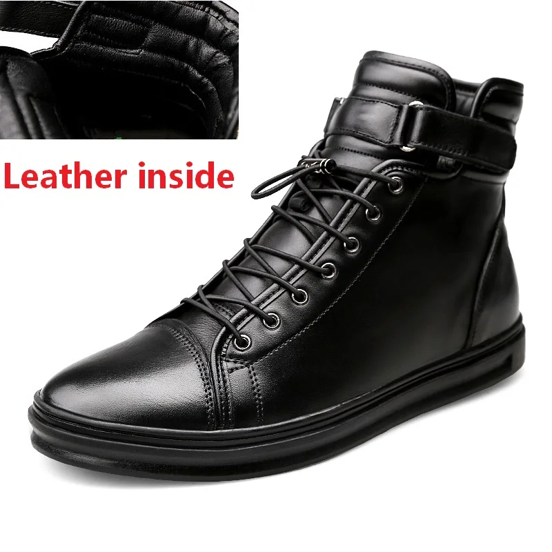 Leather inside black Большой размер 38-48, мужская повседневная обувь зимняя обувь с высоким берцем из натуральной кожи ботильоны на шнуровке зимняя обувь для мужчин, теплая обувь - Цвет: Leather inside black