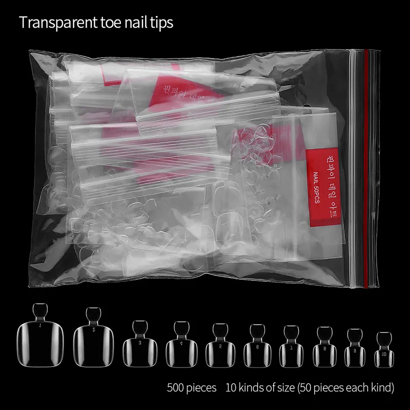 Transparent 500 шт прозрачная натуральная смола накладные ногти для пальцев на ногах советы 10 размер смешанные полные накладные ногти для пальцев ног Типсы для педикюра маникюрные украшения для ногтей - Цвет: Transparent