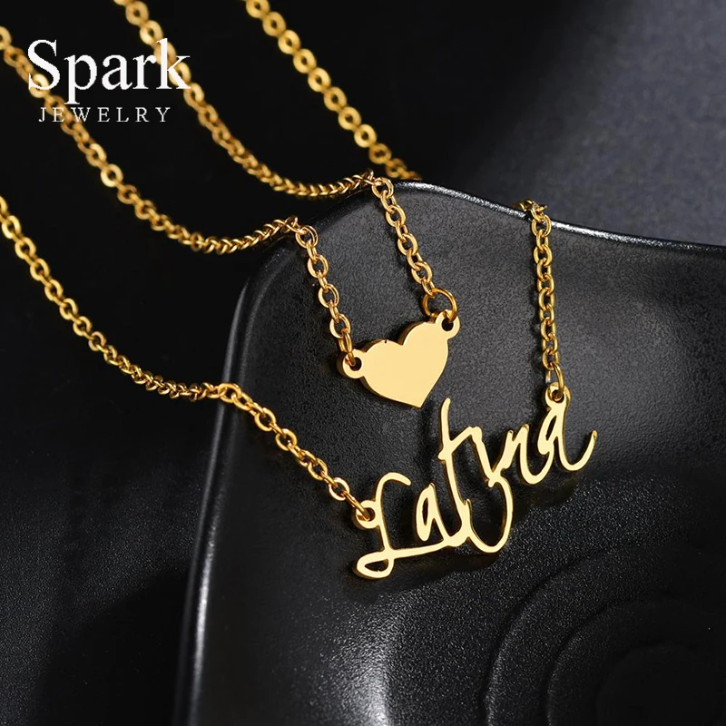 

Spark Personalized Name Heart Necklace Stainless Steel Custom Name Double-layer Chain Necklaces For Women Girls Engagement Gift