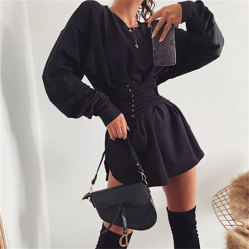 LVINMW Casual O Neck Long Sleeve With Bandage Cross Elastic Waist Dress Winter Women Slim Mini Dress Female Streetwear