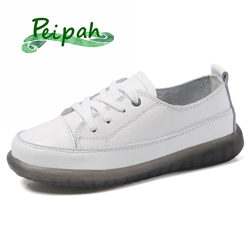 PEIPAH Sport Shoes Women Natural Genuine Leather Flat Casual Shoes Female Ballet Flats Lace Up White