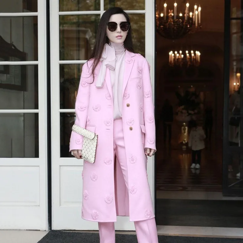 Women Wool Coat 3D Flowers Appliques Single Breasted Pink Long Trench Coat Winter Slim Elegant Casual Work Warm Woolen Coat