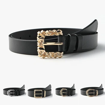 

Vintage Casual belt Carved Alloy Pin Buckle Waist Belt Geometric Buckle belt PU Leather Women Belt Decorative Black Waistband