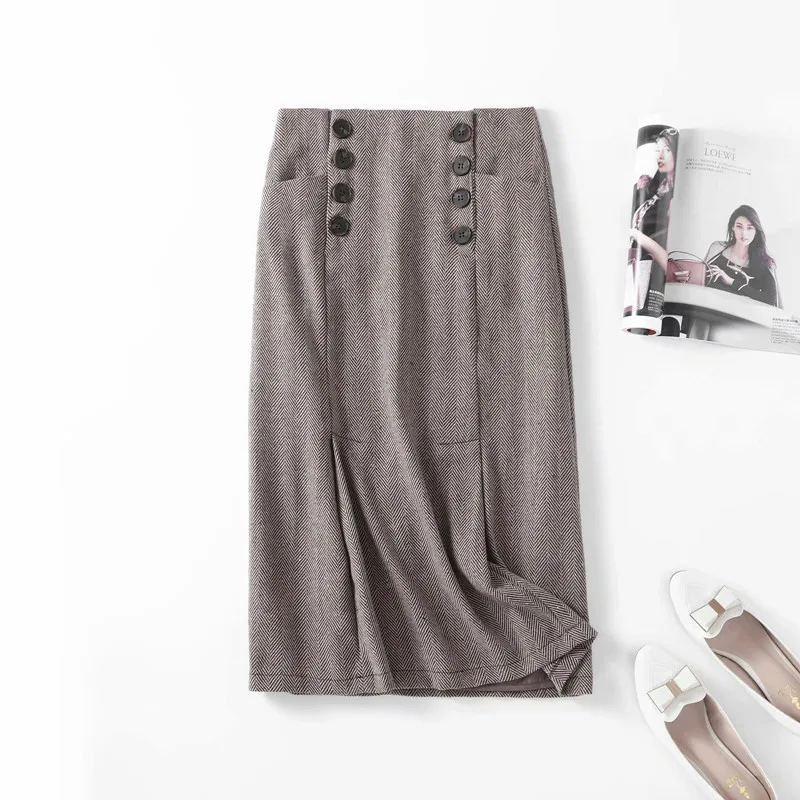 

Sf1059-Korean-style WOMEN'S Wear 2018 Autumn And Winter New Style Double Breasted Herringbone Woolen Sheath Skirt