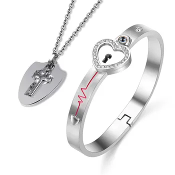 

New 100 Languages I Love You Projection Bracelet Love Heart Lock Bangle and Key Necklace Couple Lover Jewelry Gift