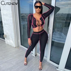 Cutenew Sexy V-Neck Hollow Out Two Piece Set Women 2021 Spring Bandage Crop Tops+Stretchy Pants Outfit Fashion Casual Streetwear