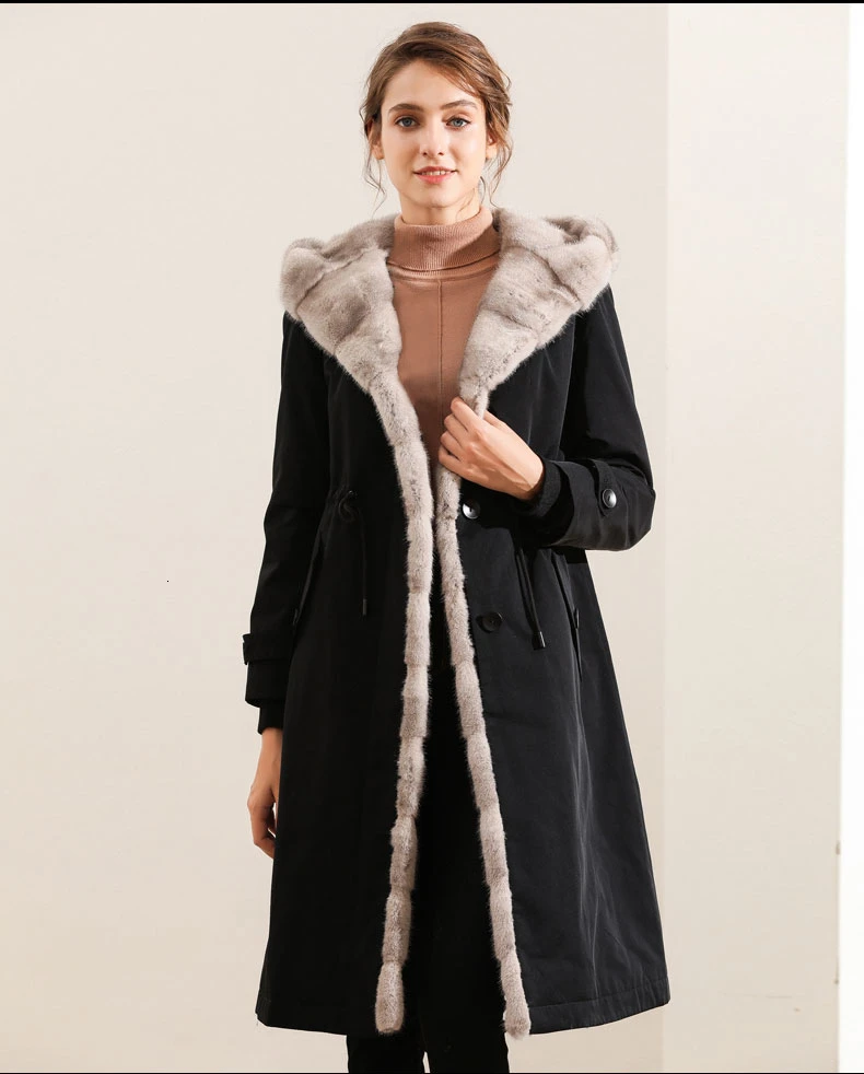 Зимняя куртка женская длинная парка воротник из натурального меха енота с капюшоном зимняя теплая куртка с натуральным кроличьим мехом черная верхняя одежда пальто