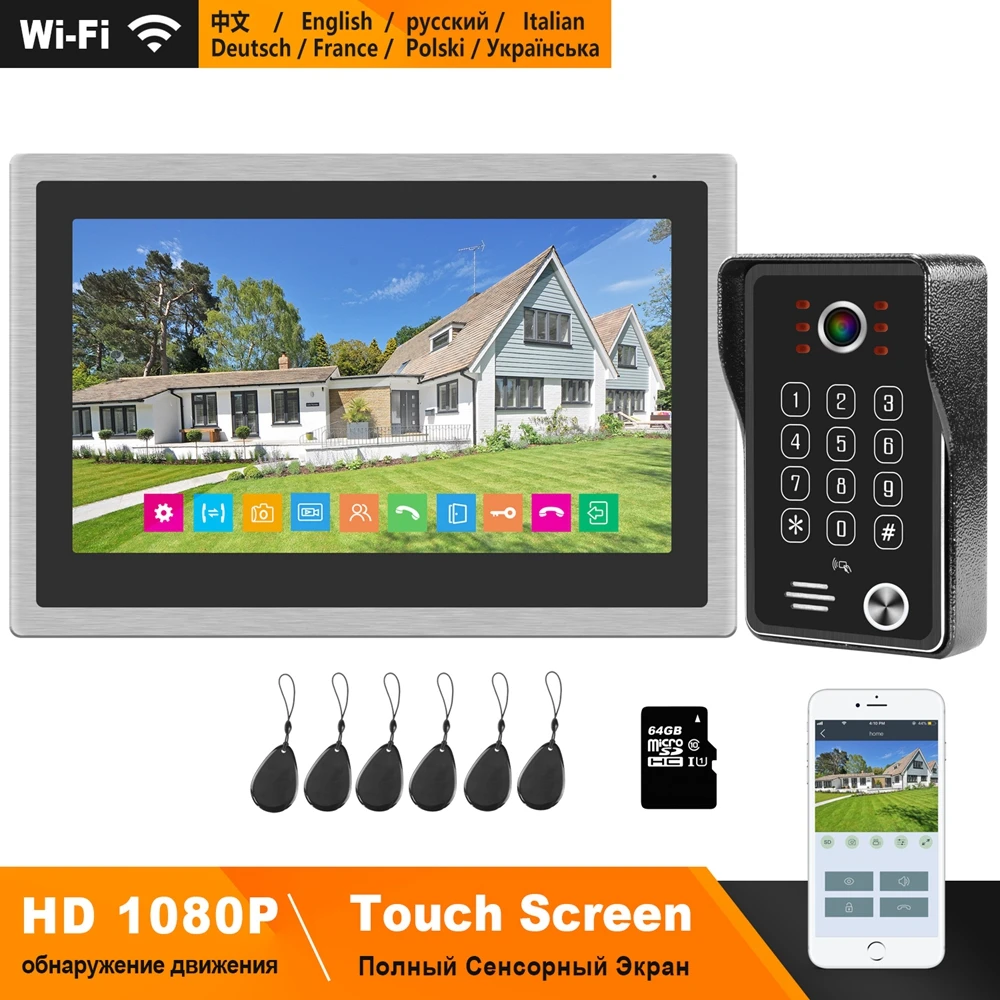 Видеодомофон HomeFong Wi Fi 10 дюймов сенсорный экран 1080P|Видеодомофон| |