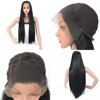 

Long Straight Lace Front Synthetic Wig Middle Parting High Temperature Fiber Hair For Women Natural Black Color