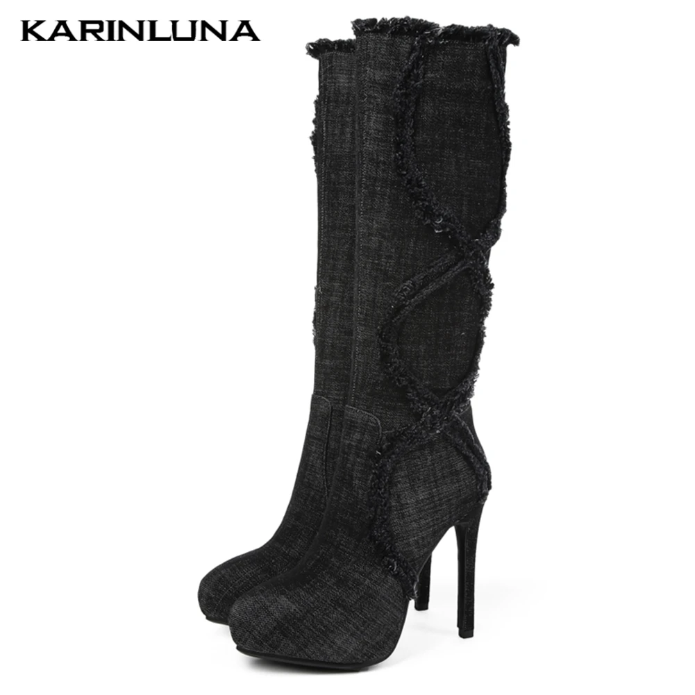

Karinluna Thin High Heels Denim Boots Woman Shoes Winter Sexy Party Platform Women Knee High Boots Fashion large Size 43