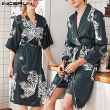 INCERUN, женский, мужской халат с принтом тигра, длинный рукав, атласная домашняя одежда для сна, модная одежда для пар, пижама с поясом, Халат