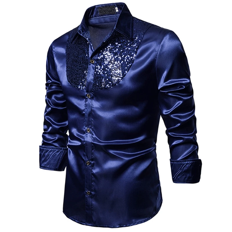 Тёмно-синий Стильная белая шелковая атласная Мужская рубашка Chemise Homme, Повседневная приталенная Мужская рубашка с длинным рукавом, деловая Свадебная мужская рубашка - Цвет: Тёмно-синий