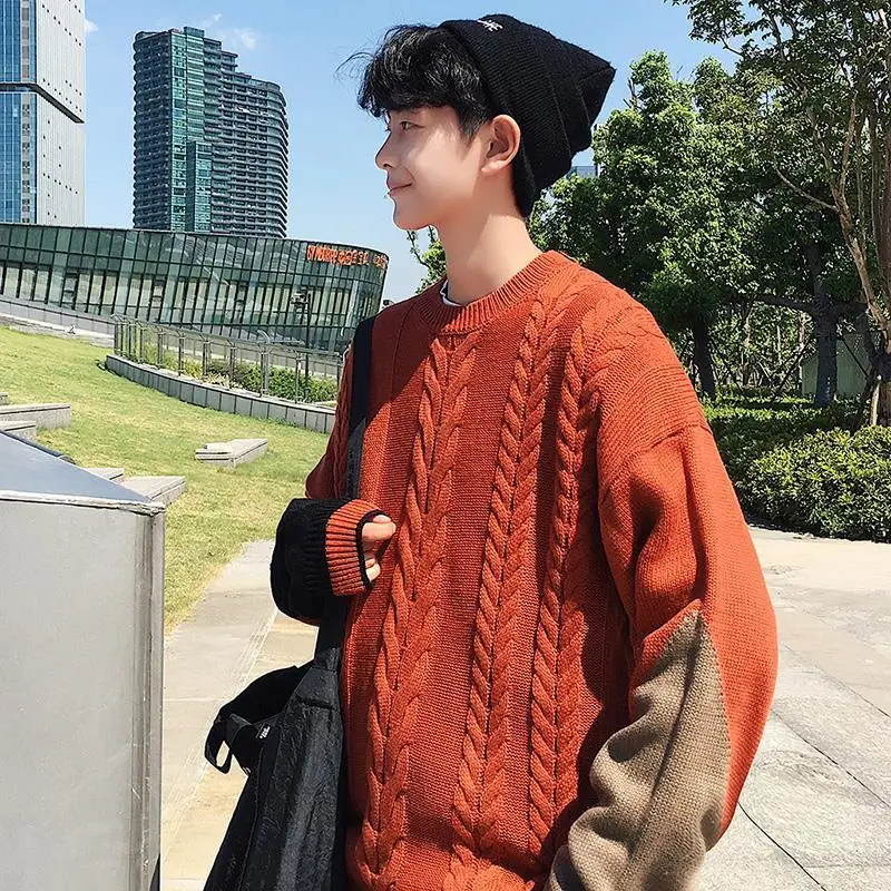 

EBAIHUI Jacquard Knitted Sweater Men Casual Loose Solid Patchwork Pullover Harajuku Sweater Oversize Fashion Streetwear Knitwear