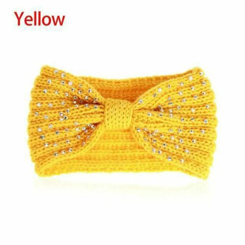 yellow Xugar девушки Стразы повязки с узелком макияж шерстяная вязаная полоска на голову с бриллиантами для женщин Зима Эластичный ободок женские аксессуары для волос - Цвет: yellow
