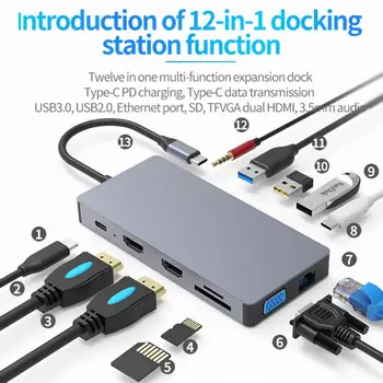 

Type-C Expansion Dock Dual HDMI VGA PD 12 In 1 Usb Hub For Smart Phone Notebook Docking Station Laptop Mobile Phone Accessories