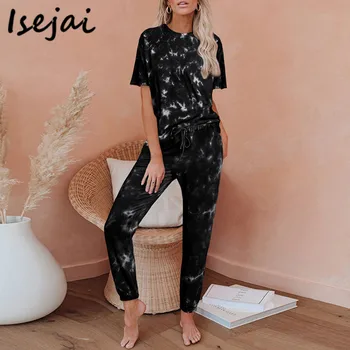 

Gradient Print Tie-dyed Pajama Sets Women Short Sleeve T shirts and Pants Woman Pijamas Sleepwear 2XL 3XL Plus Size