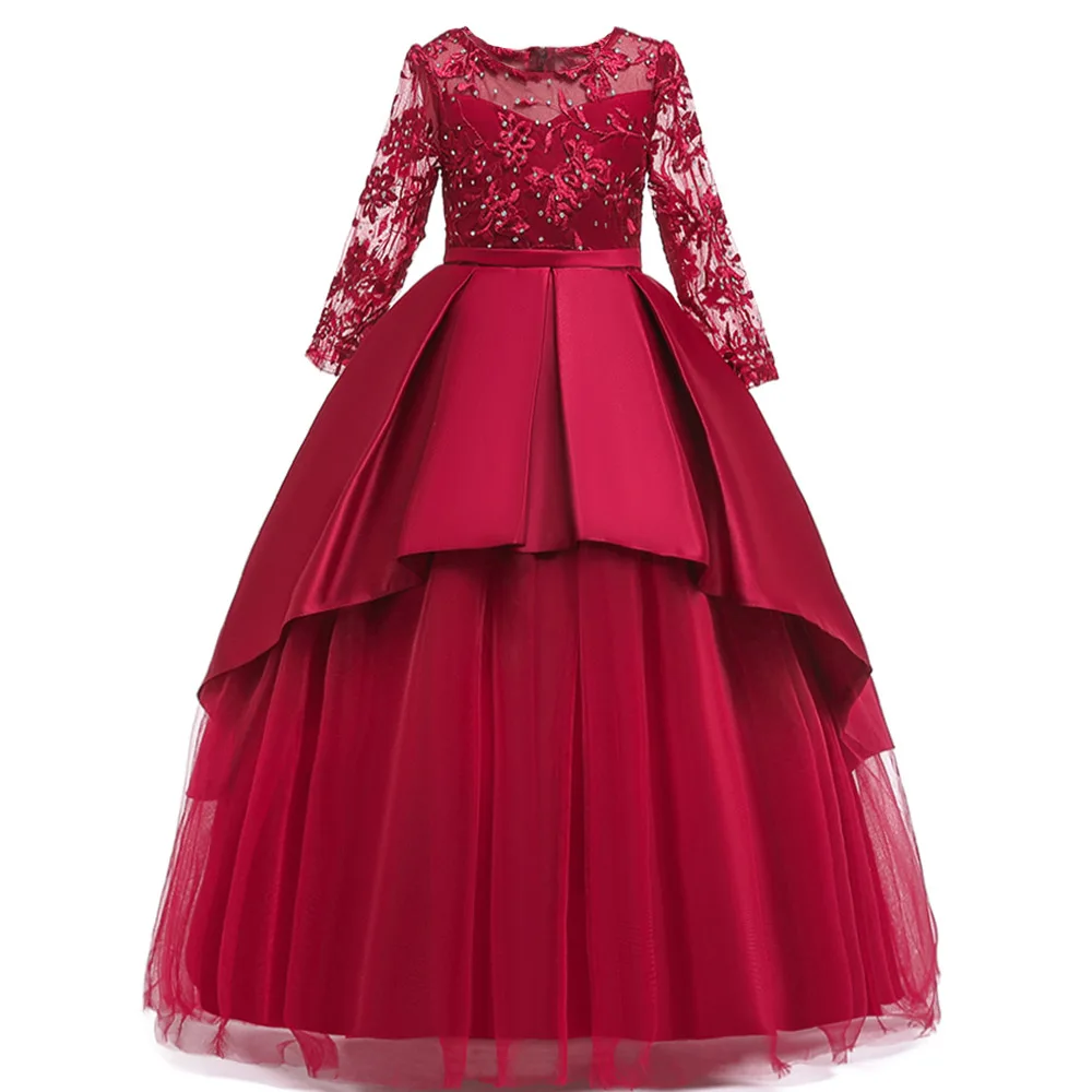 Ladies dress flower girl dress children wedding party kids clothes first communion princess ball gown vestido comunion - Цвет: Dark red