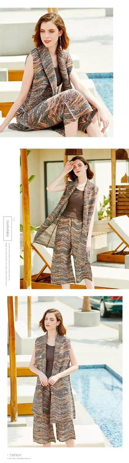 HOT SELLING Miyake fold suit fold sleeveless turn-down collar coat+ wide-legged pants Two-piece suit IN STOCK