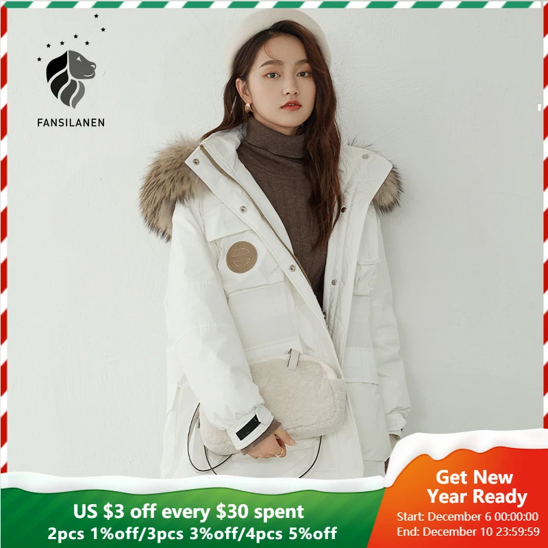 Женский пуховик с меховым воротником fansilzin белый капюшоном осенне-зимний легкая